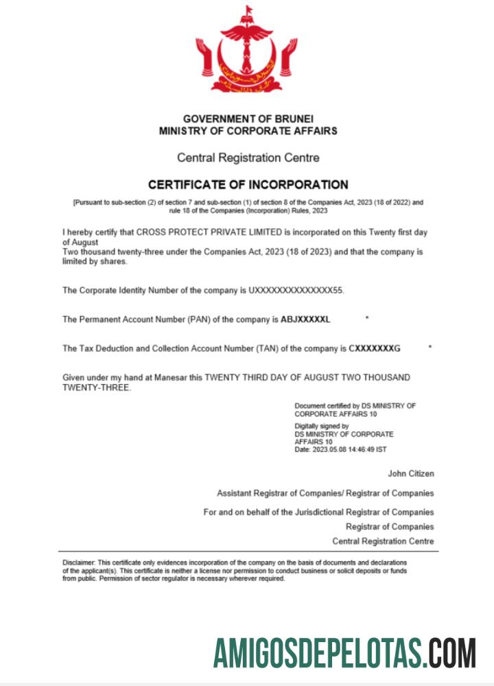 Certificado de registro de Brunei em branco modelo Word e PDF